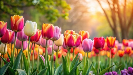 Obraz premium Huge tulip flowers in a row, spring colors, flower bouquet, garden scene