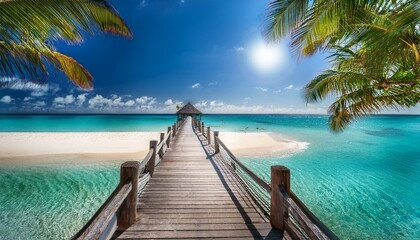 Wooden pier extending to a tropical island gazebo under a vibrant blue sky.