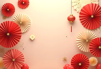 Obraz premium Red and pink paper fans and lantern on light red background, chinese new year and festive design concept 