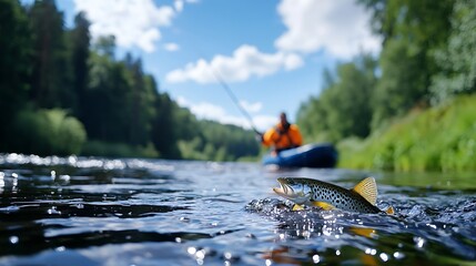 Fototapeta premium Brown trout leaping from river water, kayaker fishing in background.