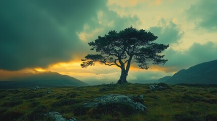 Obraz premium Lone tree against a breathtaking sunset with vibrant sky and looming clouds.