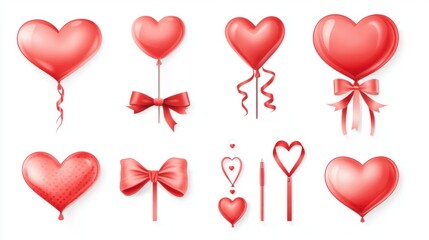 A group of heart-themed icons, including balloons, ribbons, and heart lockets, isolated on a crisp white background