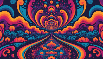 "A mesmerizing psychedelic background filled with swirling, vibrant colors and intricate patterns. The design features a kaleidoscope of neon hues, fluid shapes, and trippy gradients,"
