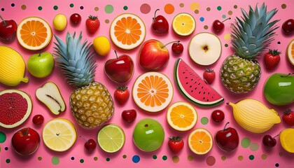A vibrant flat lay of assorted fruits on a pink background.