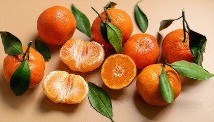 Juicy Mandarin Oranges on Beige Background