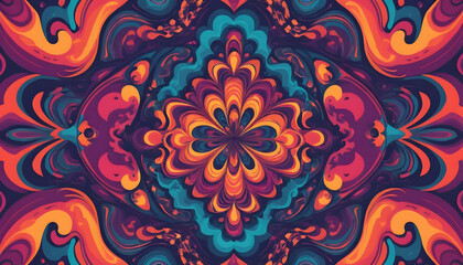"A mesmerizing psychedelic background filled with swirling, vibrant colors and intricate patterns. The design features a kaleidoscope of neon hues, fluid shapes, and trippy gradients,"