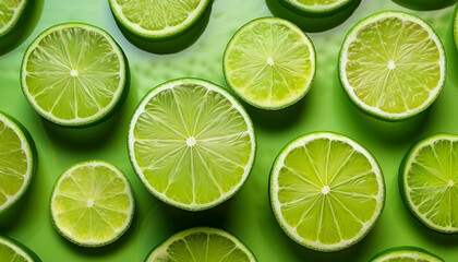 Juicy lime slices on a vibrant green background.