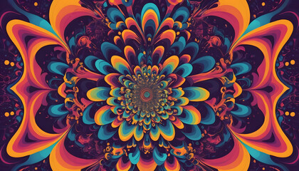 "A mesmerizing psychedelic background filled with swirling, vibrant colors and intricate patterns. The design features a kaleidoscope of neon hues, fluid shapes, and trippy gradients,"