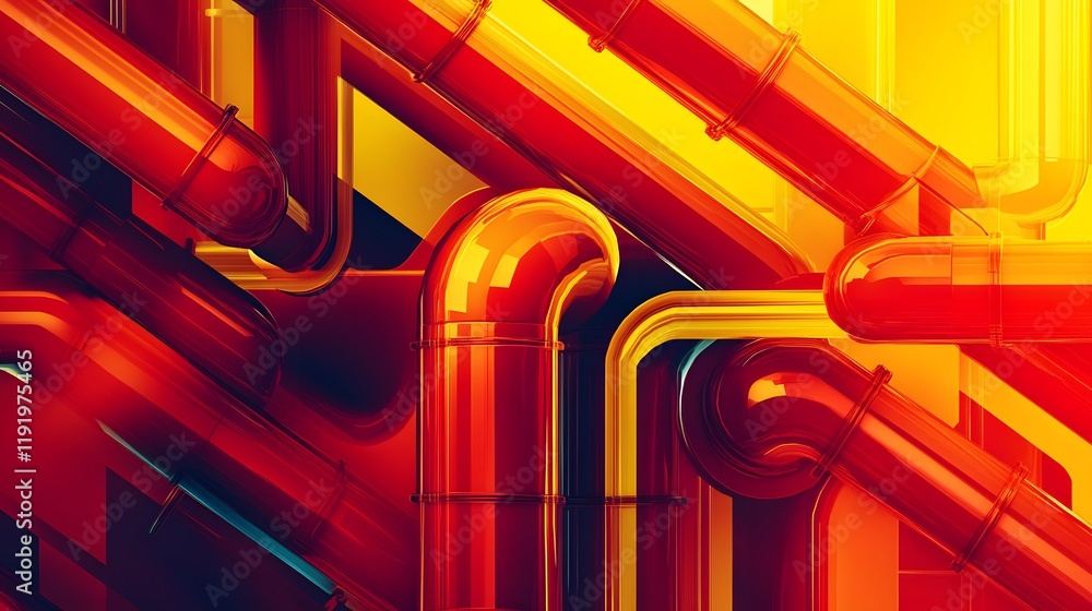 Poster a red and yellow background with pipes and tubes. the tubes are red and yellow and are arranged in a