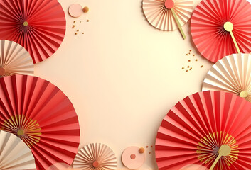 Red and pink paper fans on light red background, chinese new year and festive design concept