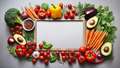 Vibrant vegetables & blank sign. Perfect for healthy recipes, cooking blogs, or food advertising.