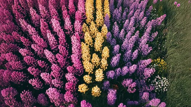 Vibrant Field of Colorful Flowers in Pink, Yellow, and Purple Hues Blooming Beautifully