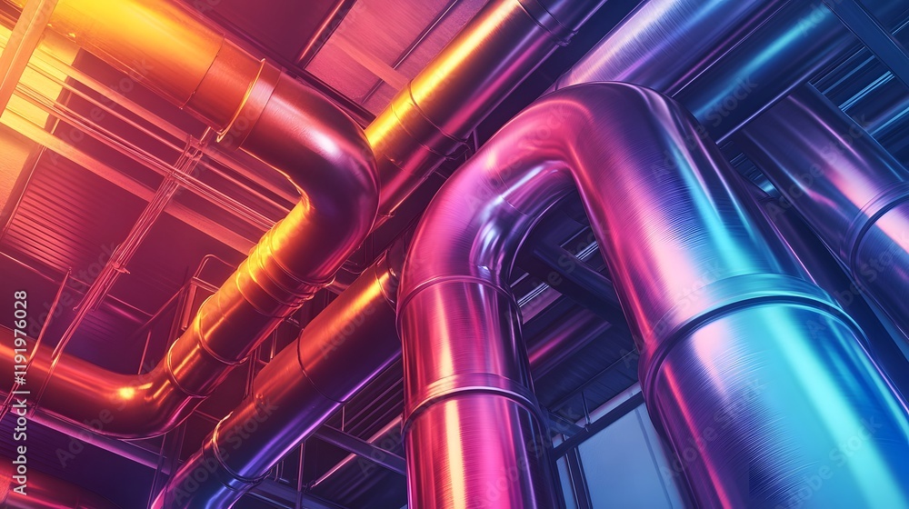 Poster a colorful pipe system with a rainbow of colors. the pipes are curved and twisted, creating a sense 