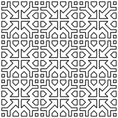 Seamless black and white geometric pattern with symmetrical lines and shapes in a grid layout.