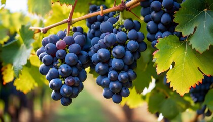 Fototapeta premium Ripe bunches of dark purple grapes hanging from a vine.