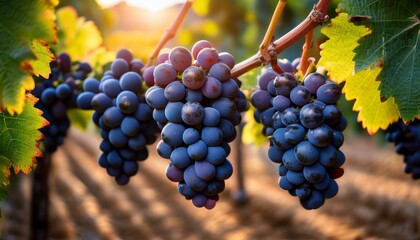 Naklejka premium Ripe bunches of dark purple grapes hanging from a vine bathed in golden sunlight.