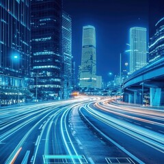 Obraz premium Dynamic Night Cityscape with Blurred Light Trails and Skyscrapers