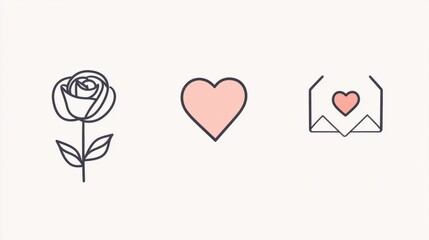 A set of minimalistic Valentine icons, including a rose outline, a heart, and an envelope with a love stamp, on a clean white backdrop