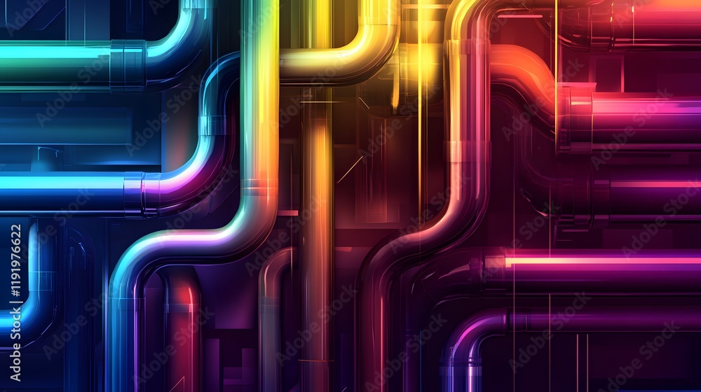 Poster a colorful image of pipes with a rainbow of colors. the image is abstract and has a futuristic feel 