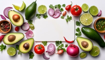 Vibrant flatlay of fresh ingredients, avocados, limes, red onions, and tomatoes.