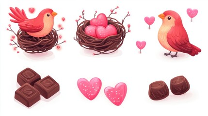 Fototapeta premium A set of lovebirds in a nest, chocolates, and glowing fairy lights, perfect for Valentine decor, on white