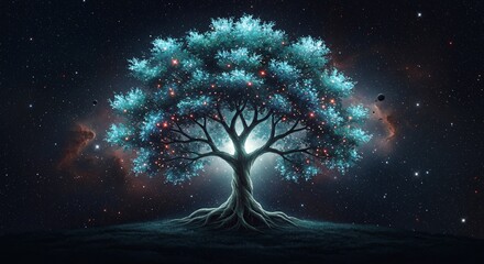 A celestial tree with its roots extending into the stars and its branches glowing with cosmic energy