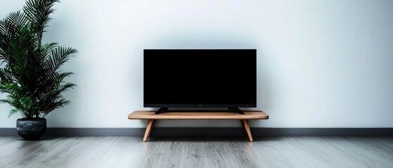 Modern Flat Screen TV on Wooden Stand in Minimalist Living Room