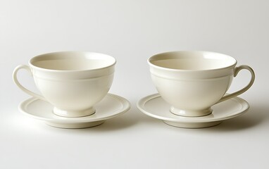 Fototapeta premium Two empty teacups on saucers, studio shot, white background, for websites or blogs