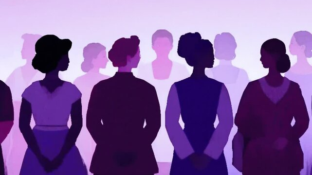 international women's day 8 march text variety of female silhouettes standing sideways Strong and brave girls of different womens support each other 4k video hd