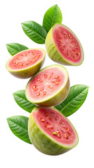 flying pink guava fruit slices isolated on transparent white background, clipping path