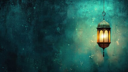 Illuminated lantern hanging against textured teal wall; Ramadan, celebration, hope