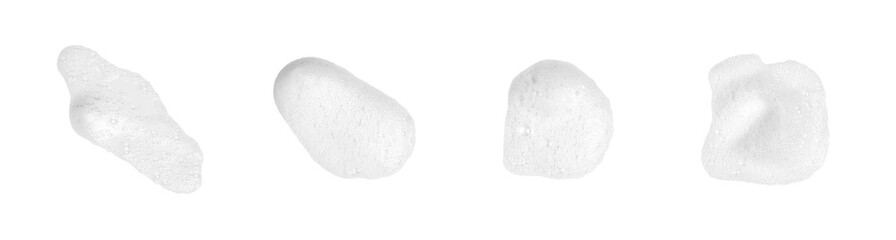 
Set of white soap bubbles, shampoo or shower gel, isolated on white background. Textured and contrasting background. Soap bubbles in the bath, shaving cream gel, bubble bath.