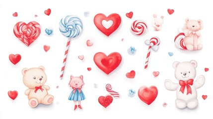 Valentine icons showcasing cute designs like teddy bears, decorative lollipops, and heart garlands, on a clean white backdrop