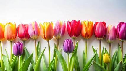 Colorful tulips growing in a neat row against a soft white background, spring, colorful