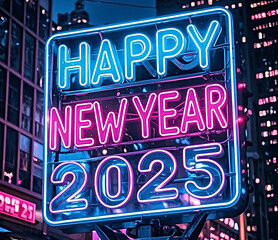 Happy New Year 2025 neon lettering.