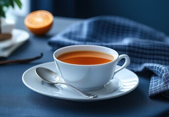 Warm and Inviting Cup of Herbal Tea on a Cozy Table with Oranges and Textiles, Perfect for a Relaxing Afternoon or Morning Moment of Serenity