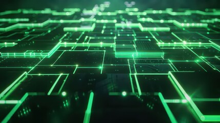 A digital landscape featuring interconnected green circuits and glowing lines.