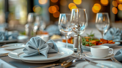 Fototapeta premium Elegant Table Setting with Glassware and Folded Napkins..