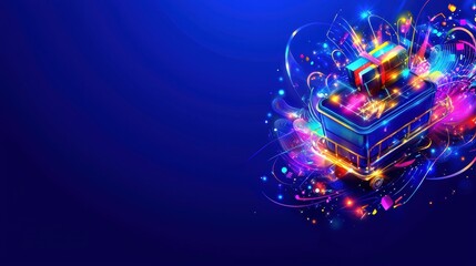 Naklejka premium Vibrant Colorful Gift Box with Magical Light Effects on Blue Background