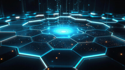 Obraz premium Futuristic Abstract Hexagonal Grid with Glowing Blue Lines and Vibrant Illumination