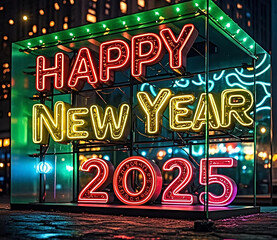 Happy New Year 2025 neon lettering.