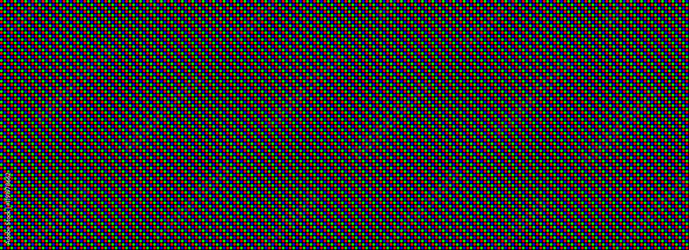 Poster RGB pixel seamless pattern. Repeating LED screen background. LCD display circle dots wallpaper. Red Green Blue pixelated monitor texture. Repeated crt display backdrop. Vector