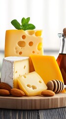 Golden cheeses assorted beautifully arranged with honey and almonds. AI Generated