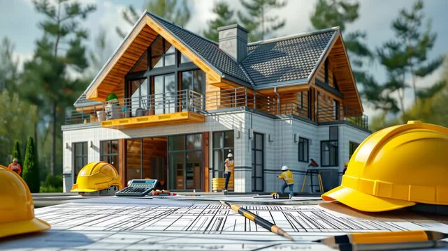 A modern house and construction with blueprints, an open calculator and yellow helmet on the table. The background features people working at the site