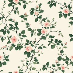 Pink Roses and Green Leaves on Cream Background in Vintage Style