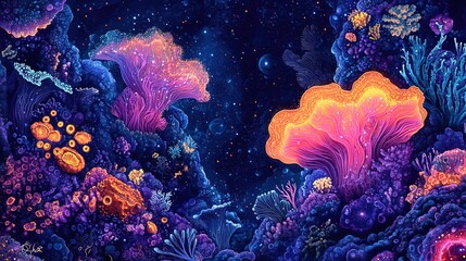 Abstract underwater patterns with bold bioluminescent accents and coral textures