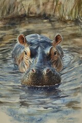 Fototapeta premium Watercolor Hippopotamus Portrait Emerging From Water in Natural Habitat