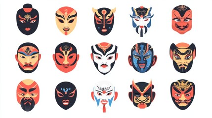 A collection of Chinese mask icons, including traditional Peking Opera masks in bold colors, isolated on white