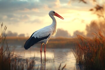 Obraz premium Serene Sunrise: White Stork in Golden Wetlands