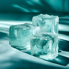 Obraz premium Clear Ice Blocks with Green Leaves Inside and Tropical Shadows on a Light Background